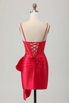 Sparkly Red Beaded Tight Corset Short Prom Dress with Bow