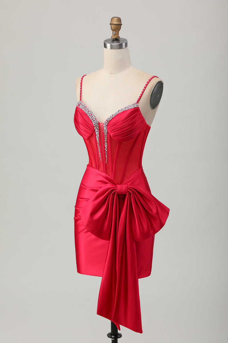 Load image into Gallery viewer, Sparkly Red Beaded Tight Corset Short Prom Dress with Bow