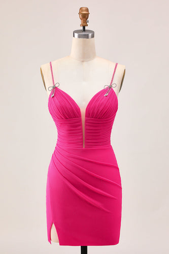 Sparkly Fuchsia Tight Spaghetti Straps Short Prom Dress with Beading