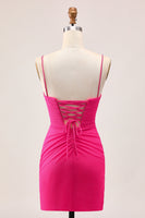 Load image into Gallery viewer, Sparkly Fuchsia Tight Spaghetti Straps Short Prom Dress with Beading