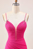 Load image into Gallery viewer, Sparkly Fuchsia Tight Spaghetti Straps Short Prom Dress with Beading