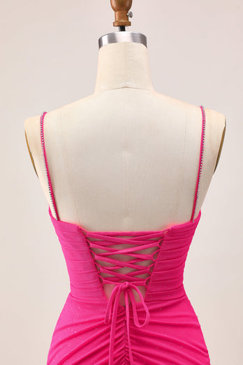 Sparkly Fuchsia Tight Spaghetti Straps Short Prom Dress with Beading