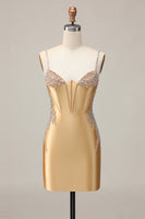 Load image into Gallery viewer, Sparkly Golden Satin Corset Short Tight Prom Dress with Beading