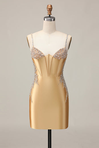 Sparkly Golden Satin Corset Short Tight Prom Dress with Beading