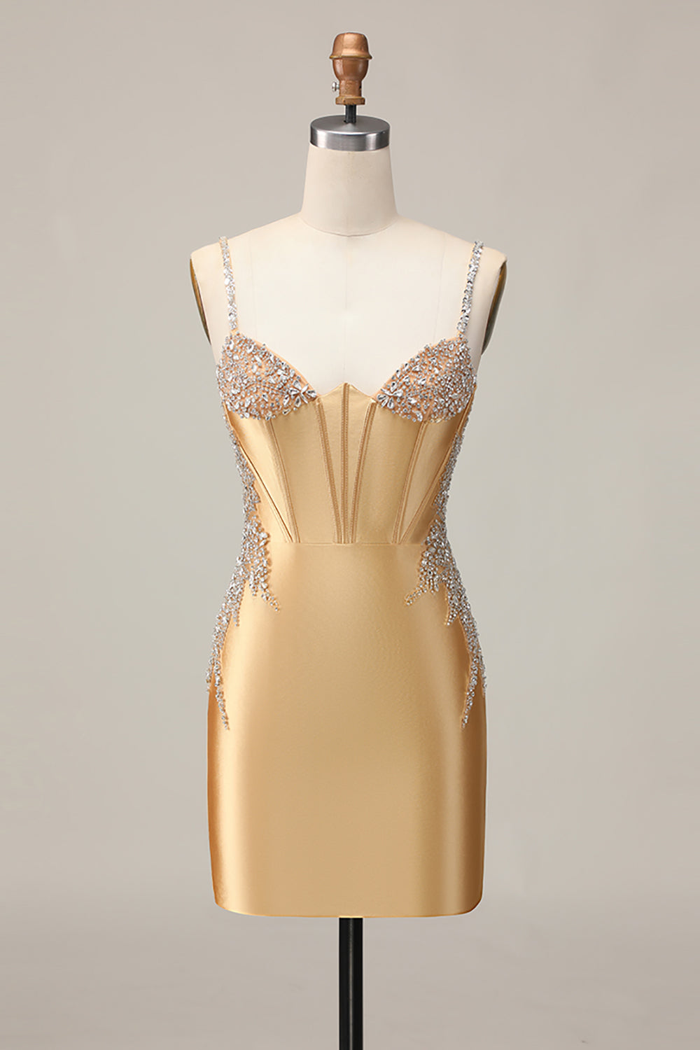 Sparkly Golden Satin Corset Short Tight Prom Dress with Beading