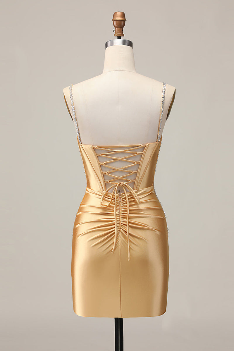 Load image into Gallery viewer, Sparkly Golden Satin Corset Short Tight Prom Dress with Beading