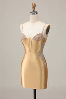 Load image into Gallery viewer, Sparkly Golden Satin Corset Short Tight Prom Dress with Beading