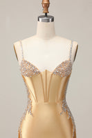 Load image into Gallery viewer, Sparkly Golden Satin Corset Short Tight Prom Dress with Beading