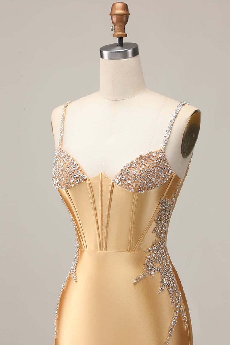 Load image into Gallery viewer, Sparkly Golden Satin Corset Short Tight Prom Dress with Beading