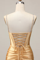 Load image into Gallery viewer, Sparkly Golden Satin Corset Short Tight Prom Dress with Beading