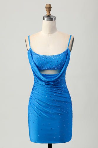 Sparkly Blue Beaded Tight Cut Out Short Prom Dress with Drapes