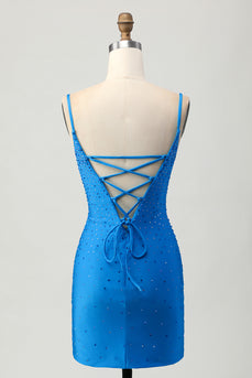 Sparkly Blue Beaded Tight Cut Out Short Prom Dress with Drapes