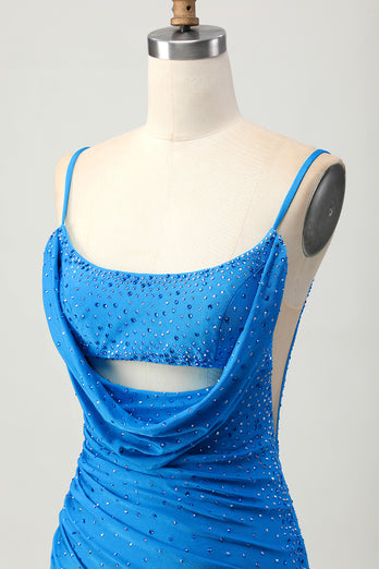 Sparkly Blue Beaded Tight Cut Out Short Prom Dress with Drapes