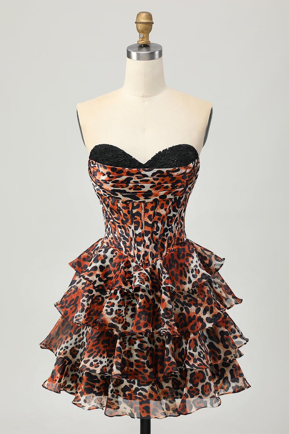 Khaki Leopard Print Strapless Corset Short Prom Dress with Ruffles