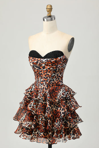 Khaki Leopard Print Strapless Corset Short Prom Dress with Ruffles