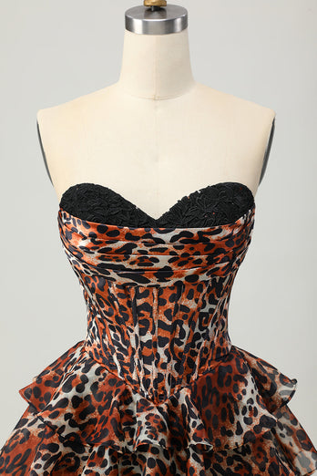 Khaki Leopard Print Strapless Corset Short Prom Dress with Ruffles