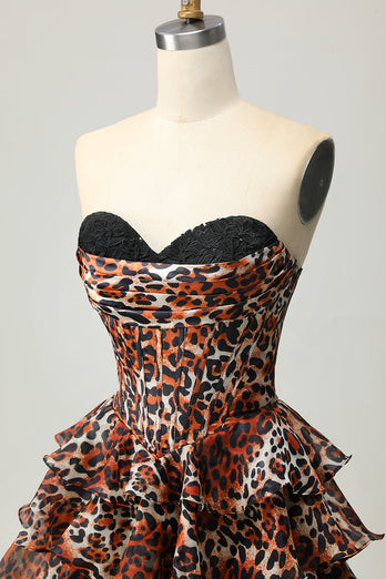 Khaki Leopard Print Strapless Corset Short Prom Dress with Ruffles
