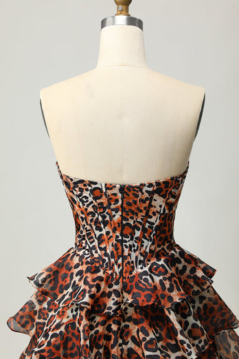 Khaki Leopard Print Strapless Corset Short Prom Dress with Ruffles