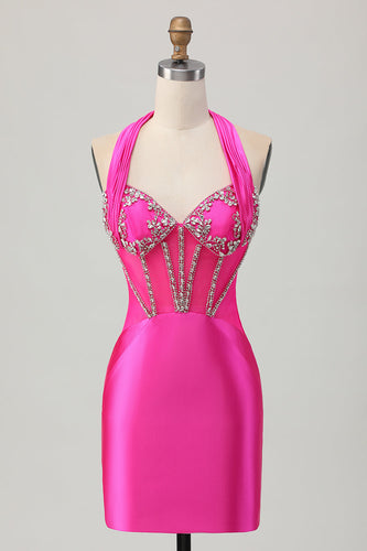 Sparkly Fuchsia Tight Corset Halter Short Prom Dress with Rhinestones