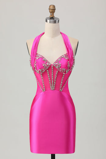 Sparkly Fuchsia Tight Corset Halter Short Prom Dress with Rhinestones