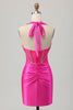 Load image into Gallery viewer, Sparkly Fuchsia Tight Corset Halter Short Prom Dress with Rhinestones
