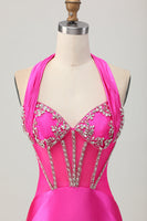 Load image into Gallery viewer, Sparkly Fuchsia Tight Corset Halter Short Prom Dress with Rhinestones