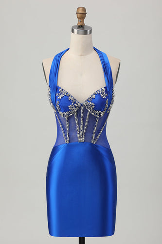 Sparkly Royal Blue Halter Tight Corset Short Prom Dress with Rhinestones