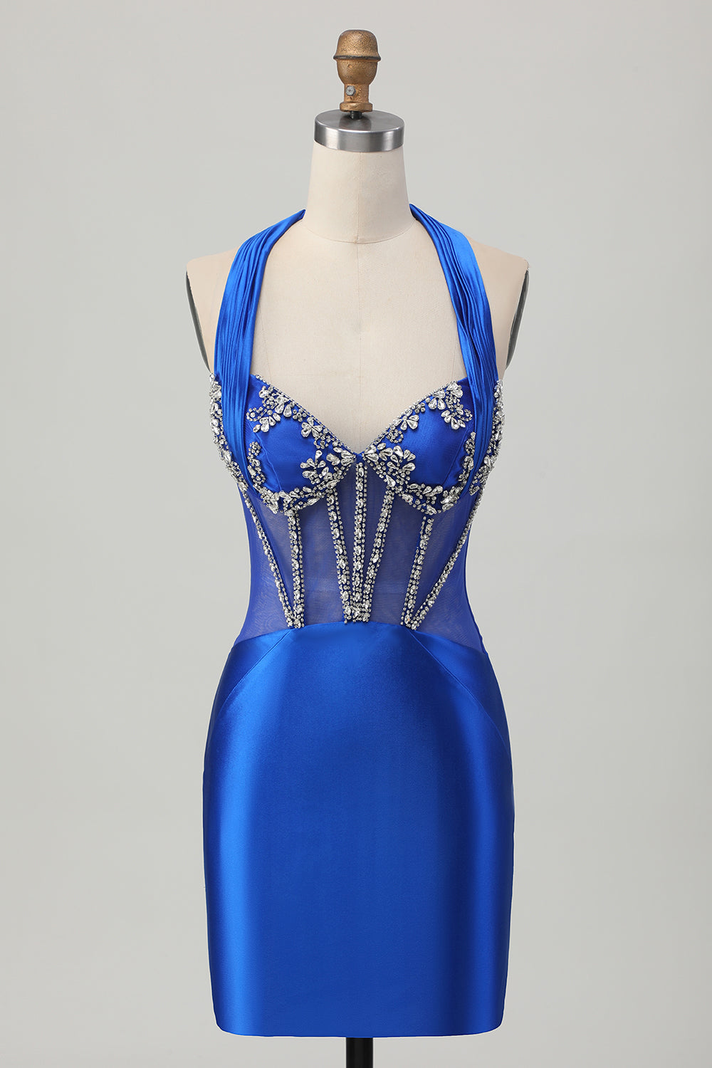 Sparkly Royal Blue Halter Tight Corset Short Prom Dress with Rhinestones