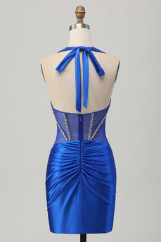Sparkly Royal Blue Halter Tight Corset Short Prom Dress with Rhinestones