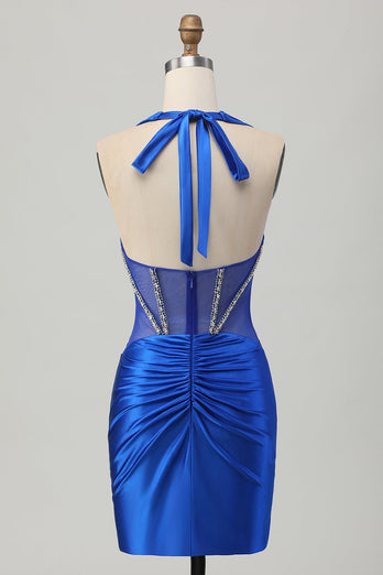 Sparkly Fuchsia Tight Corset Halter Short Prom Dress with Rhinestones