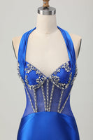 Load image into Gallery viewer, Sparkly Royal Blue Halter Tight Corset Short Prom Dress with Rhinestones