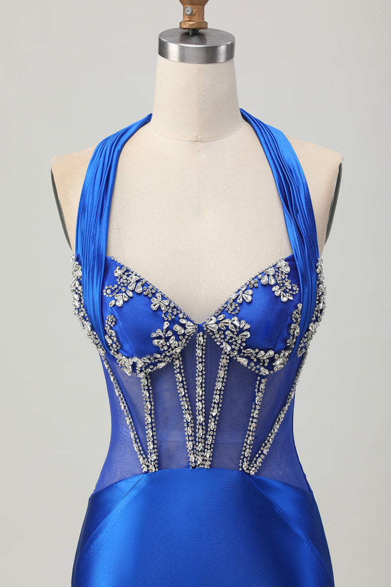Load image into Gallery viewer, Sparkly Fuchsia Tight Corset Halter Short Prom Dress with Rhinestones