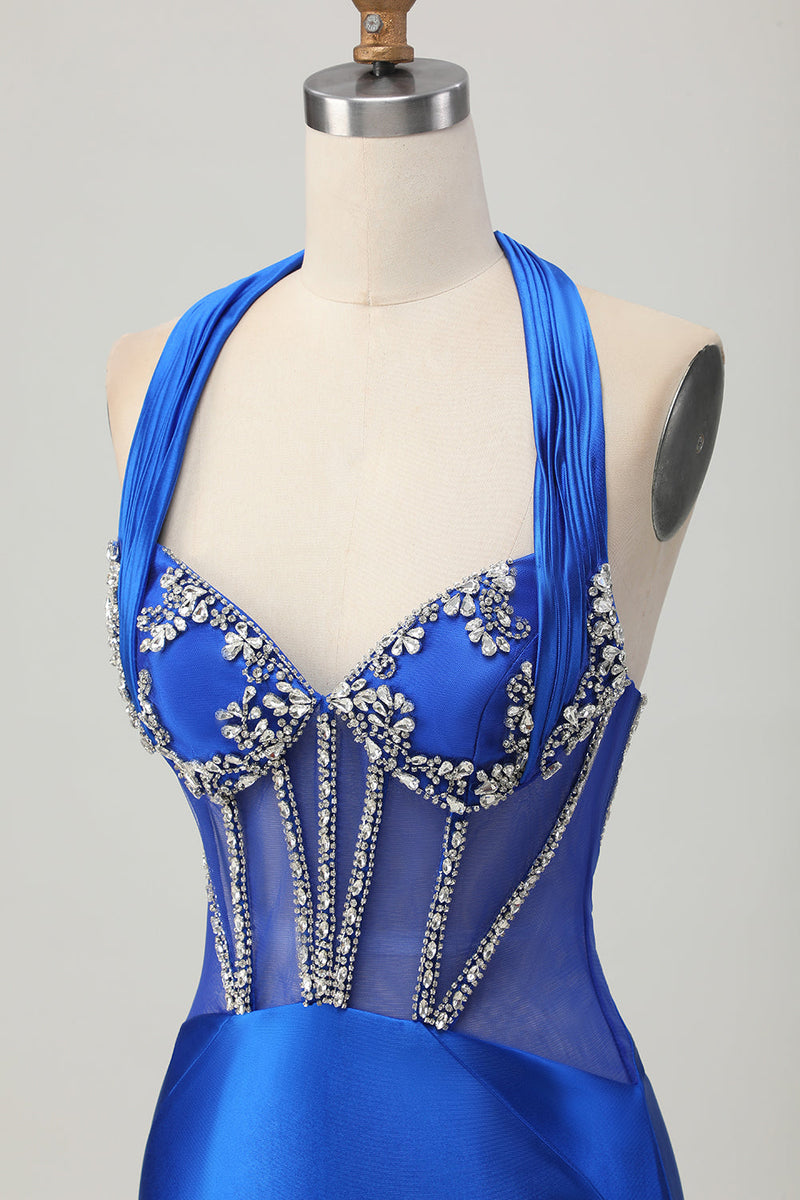 Load image into Gallery viewer, Sparkly Fuchsia Tight Corset Halter Short Prom Dress with Rhinestones