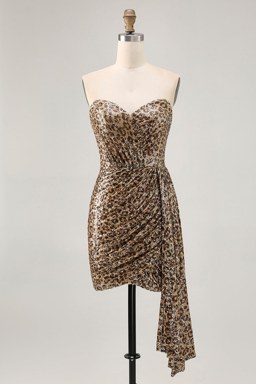Sparkly Khaki Leopard Printed Tight Sequin Short Prom Dress