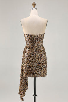 Sparkly Khaki Leopard Printed Tight Sequin Short Prom Dress