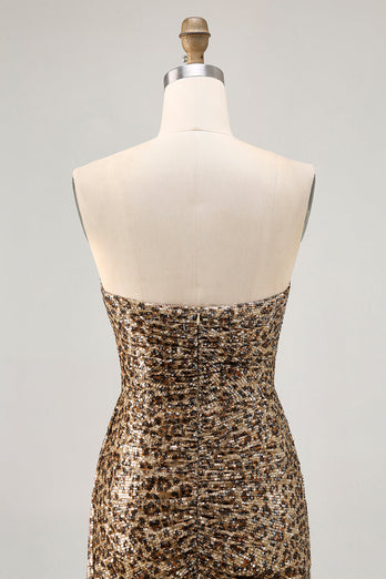 Sparkly Khaki Leopard Printed Tight Sequin Short Prom Dress