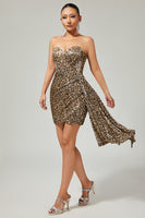 Load image into Gallery viewer, Sparkly Khaki Leopard Printed Tight Sequin Short Prom Dress