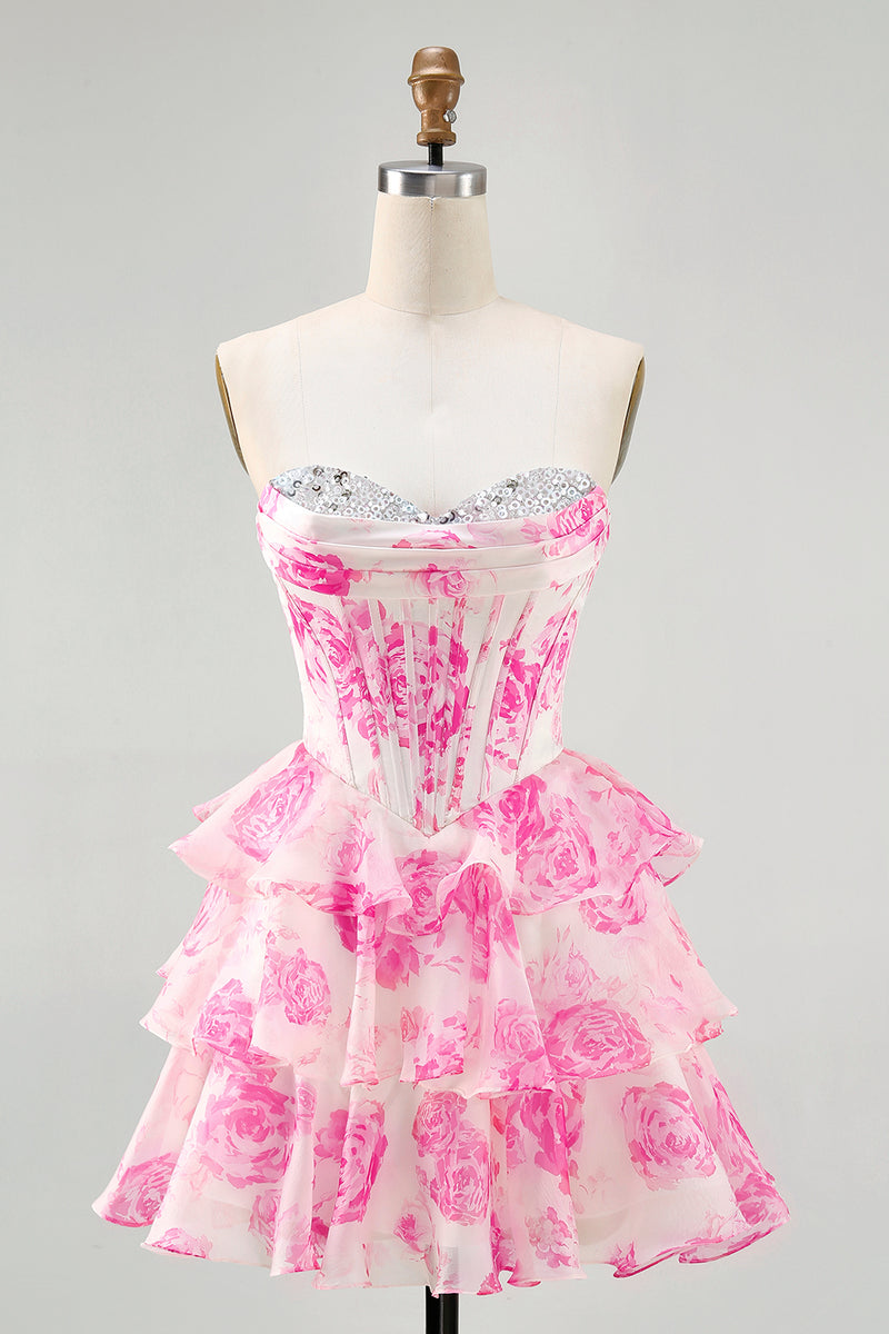 Load image into Gallery viewer, Sparkly Fuchsia Floral Corset Sweetheart Short Prom Dress