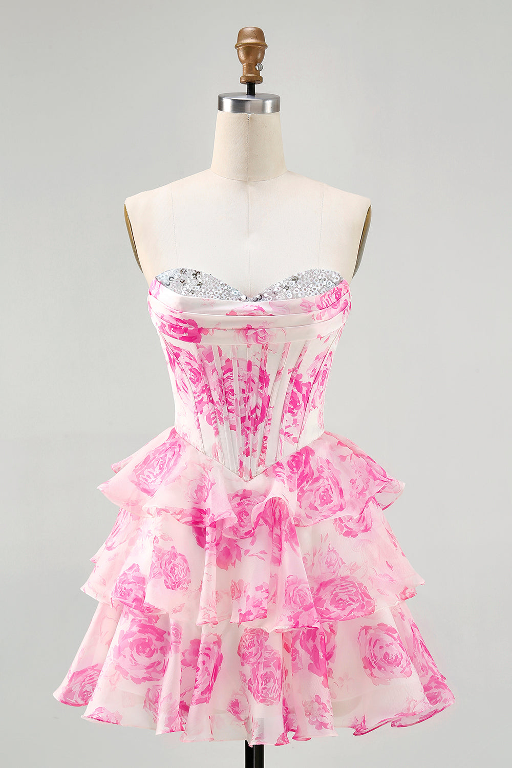 Sparkly Fuchsia Floral Corset Sweetheart Short Prom Dress