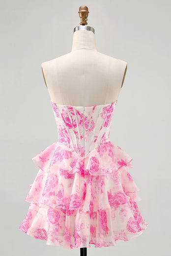 Sparkly Fuchsia Floral Corset Sweetheart Short Prom Dress