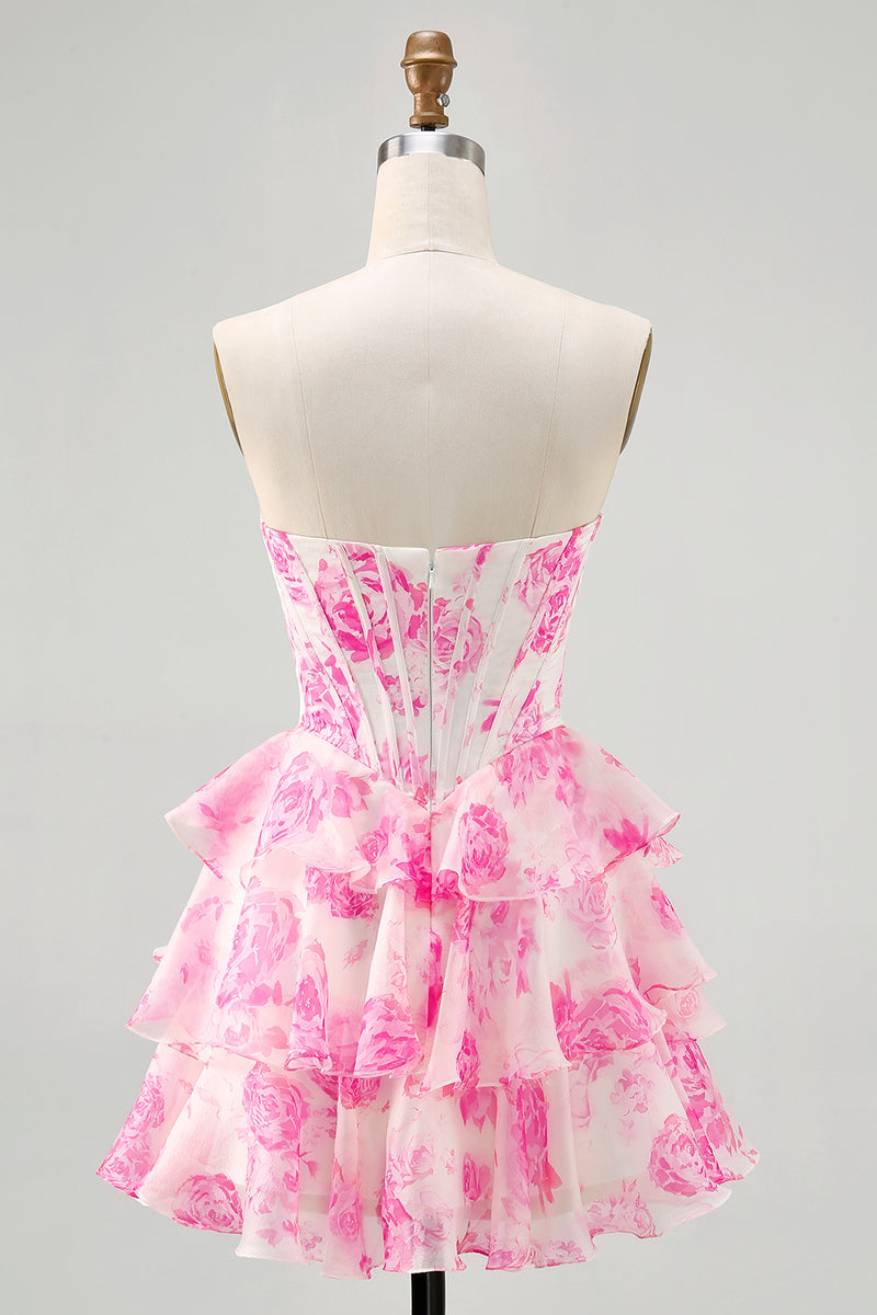 Load image into Gallery viewer, Sparkly Fuchsia Floral Corset Sweetheart Short Prom Dress
