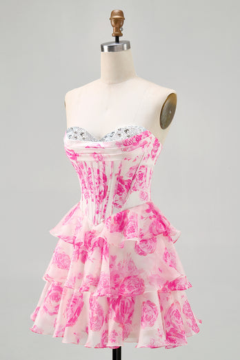 Sparkly Fuchsia Floral Corset Sweetheart Short Prom Dress