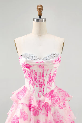 Sparkly Fuchsia Floral Corset Sweetheart Short Prom Dress