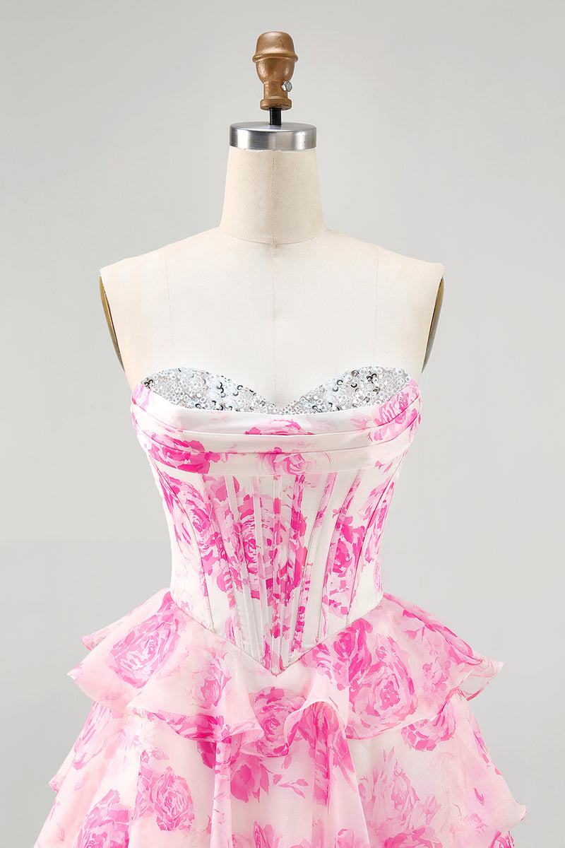 Load image into Gallery viewer, Sparkly Fuchsia Floral Corset Sweetheart Short Prom Dress