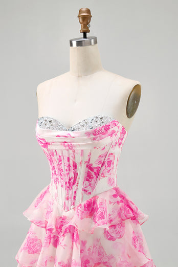 Sparkly Fuchsia Floral Corset Sweetheart Short Prom Dress