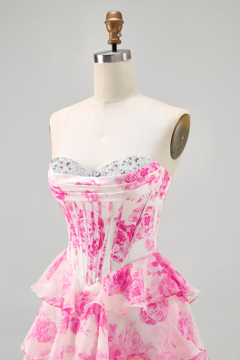 Load image into Gallery viewer, Sparkly Fuchsia Floral Corset Sweetheart Short Prom Dress