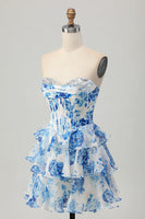 Load image into Gallery viewer, Sparkly White and Blue Corset Floral Sweetheart Short Prom Dress
