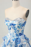 Load image into Gallery viewer, Sparkly White and Blue Corset Floral Sweetheart Short Prom Dress