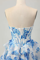 Load image into Gallery viewer, Sparkly White and Blue Corset Floral Sweetheart Short Prom Dress