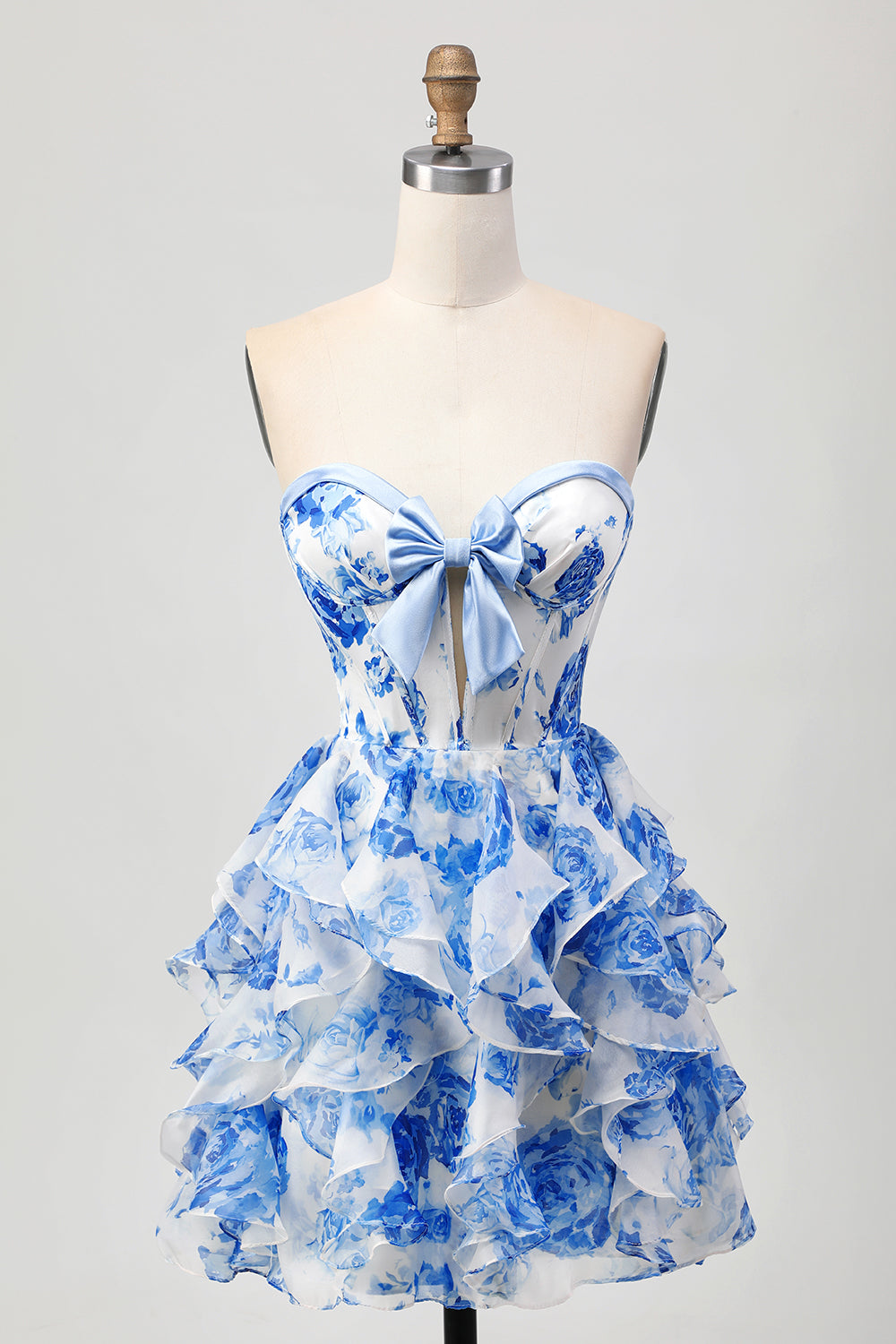 White and Blue Floral Corset Ruffled Short Prom Dress with Bow